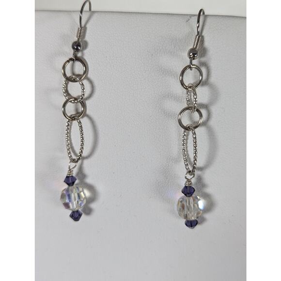 Purple dyed paua shell,Vtge crystal Aurora beads 25-30.5" E 2.50"earrings 2.50" - Picture 3 of 5